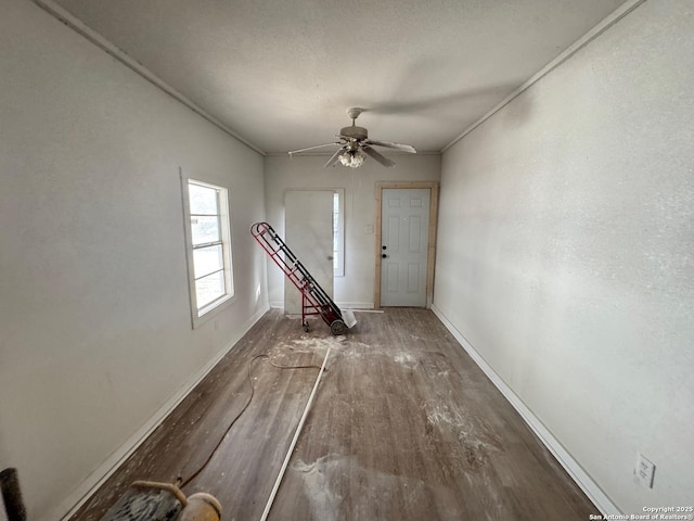 foyer entrance featuring crown molding, hardwood / wood-style floors, a textured ceiling, and ceiling fan