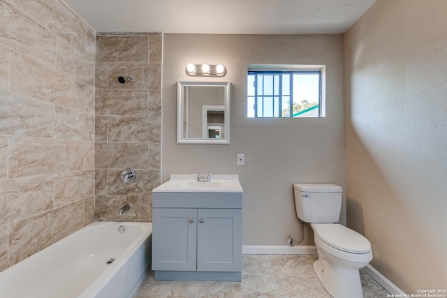 full bath featuring toilet, shower / tub combination, baseboards, and vanity