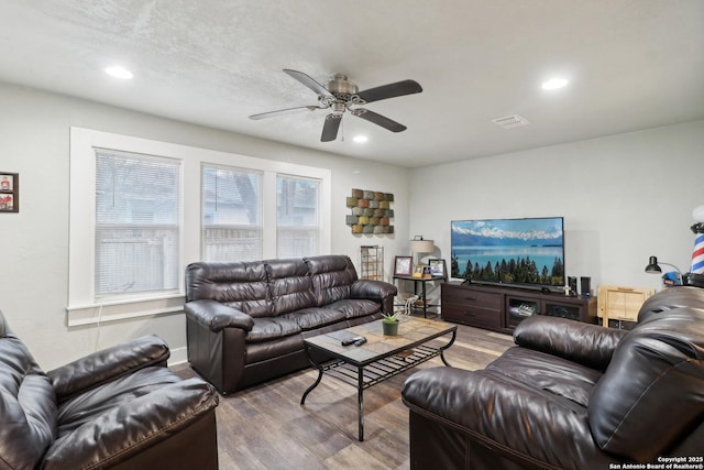 living room with ceiling fan and hardwood / wood-style floors