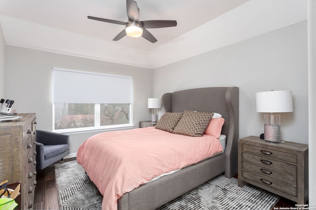 bedroom featuring ceiling fan and light hardwood / wood-style flooring