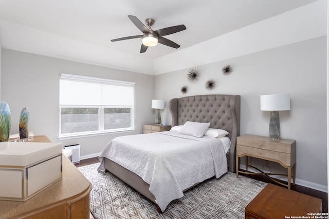 bedroom featuring ceiling fan and light hardwood / wood-style floors