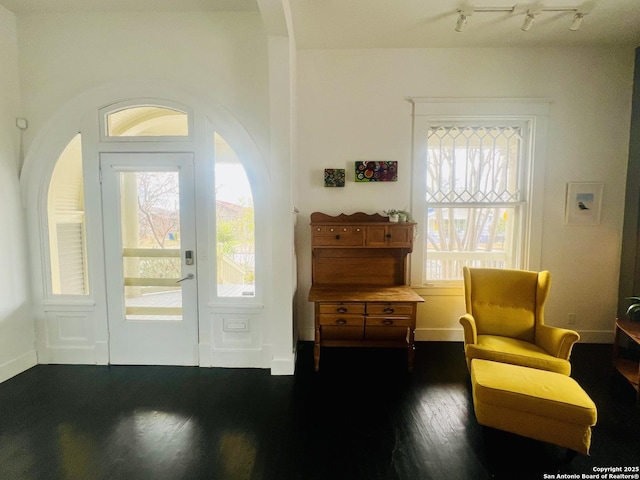 interior space featuring dark hardwood / wood-style flooring and rail lighting