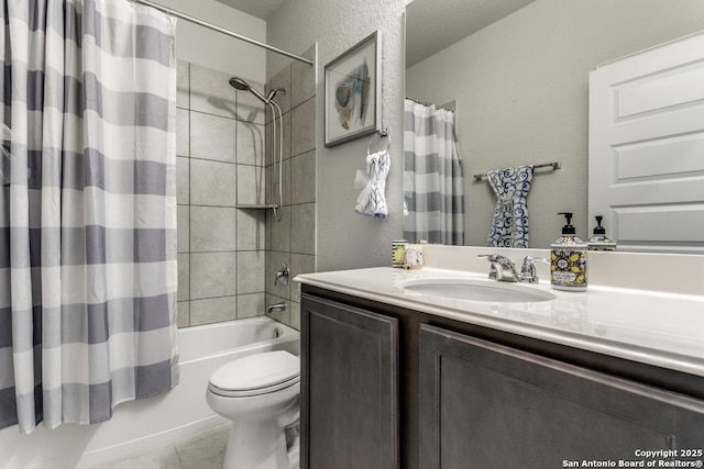 full bathroom with tile patterned flooring, vanity, shower / tub combo with curtain, and toilet