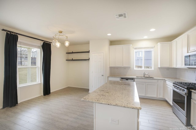 kitchen with stainless steel appliances, white cabinetry, a kitchen island, and sink