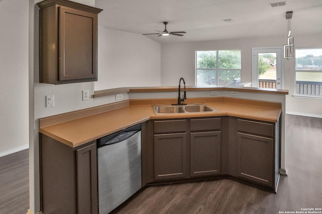 kitchen featuring sink, dark wood-type flooring, dishwasher, ceiling fan, and dark brown cabinets