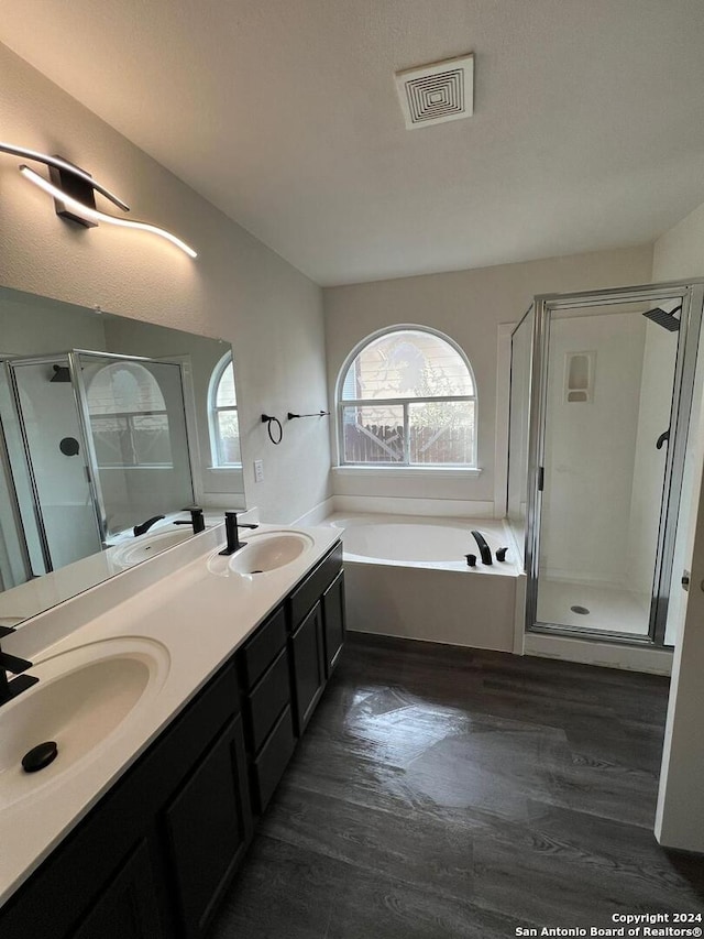 bathroom featuring a healthy amount of sunlight, separate shower and tub, and vanity