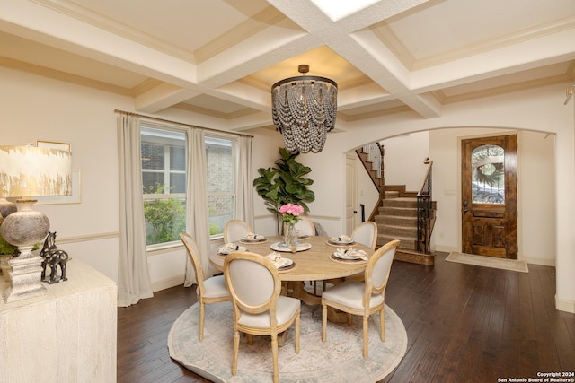 dining area with dark wood-type flooring, ornamental molding, coffered ceiling, and beam ceiling