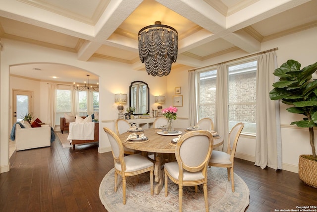 dining room with coffered ceiling, dark hardwood / wood-style floors, a notable chandelier, and beam ceiling