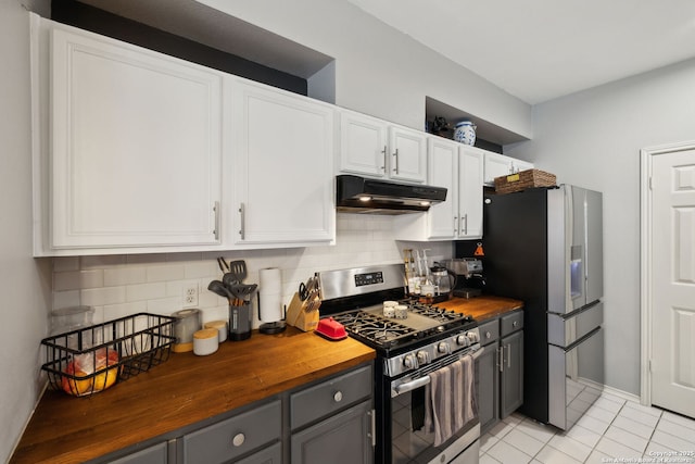 kitchen with gray cabinets, butcher block countertops, tasteful backsplash, white cabinets, and stainless steel appliances