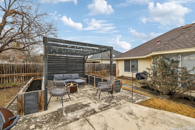 view of patio featuring an outdoor living space with a fire pit and a pergola