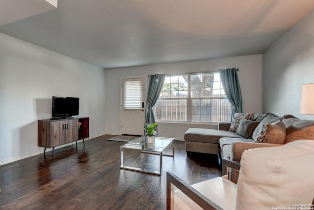 living room featuring dark wood-type flooring