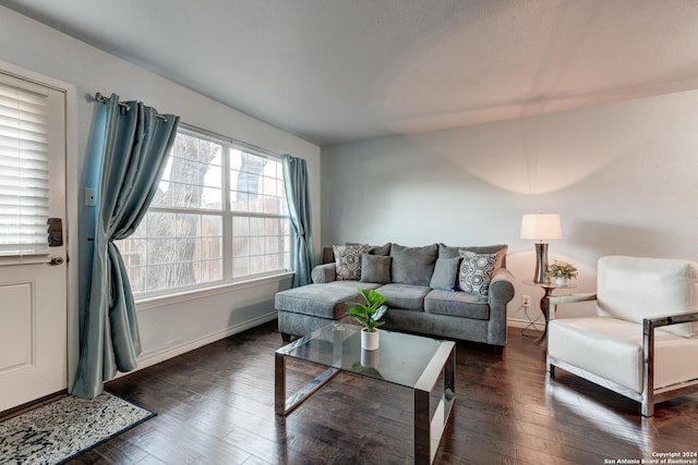 living room with dark hardwood / wood-style flooring