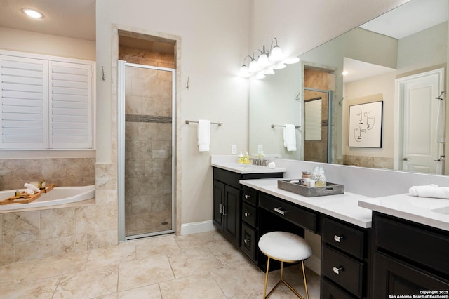 bathroom featuring vanity and plus walk in shower