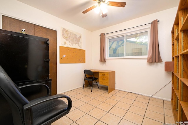 office area featuring ceiling fan and light tile patterned floors