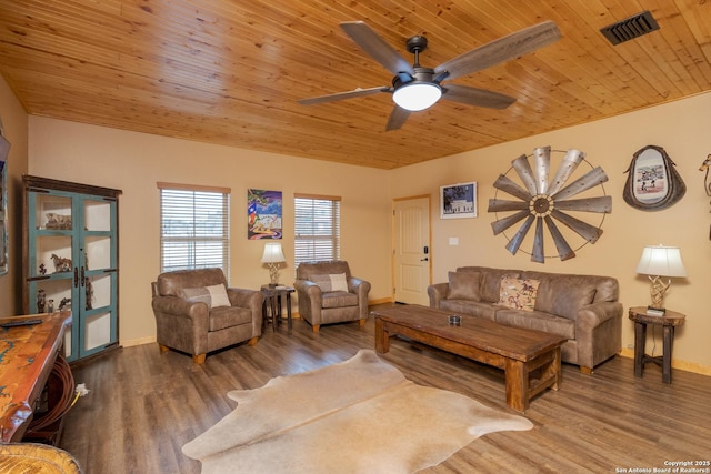 living room featuring wooden ceiling, dark hardwood / wood-style floors, and ceiling fan