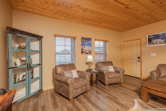 living room with hardwood / wood-style flooring and wooden ceiling