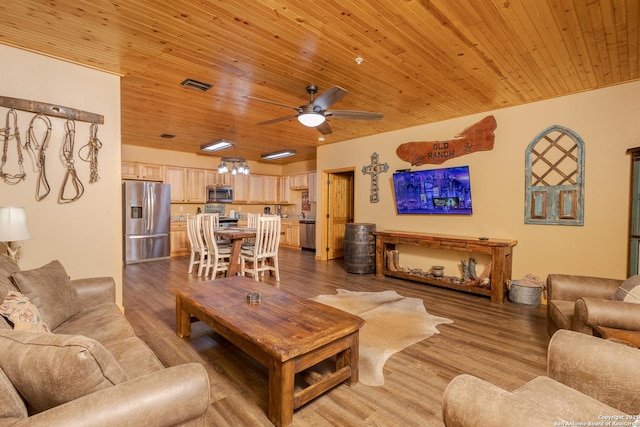 living room featuring hardwood / wood-style flooring, wooden ceiling, and ceiling fan