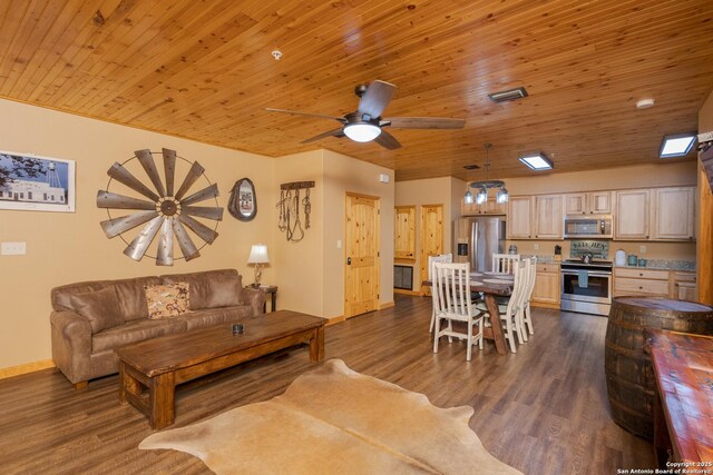 living room with ceiling fan, dark hardwood / wood-style floors, and wooden ceiling