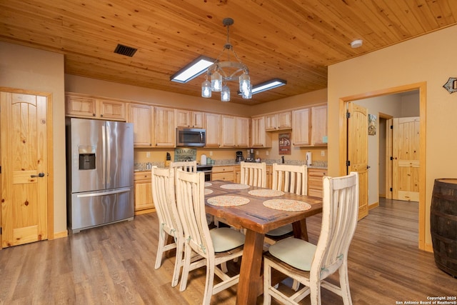 dining area with hardwood / wood-style flooring and wooden ceiling