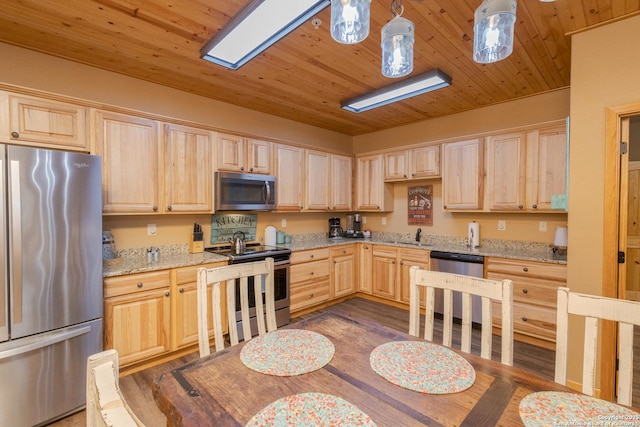 kitchen featuring pendant lighting, wood ceiling, stainless steel appliances, light stone counters, and light brown cabinets