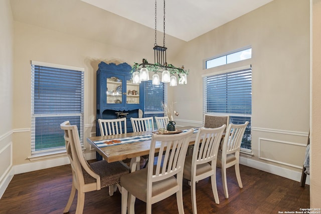 dining space with lofted ceiling and dark hardwood / wood-style floors