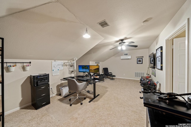 carpeted office space with ceiling fan, vaulted ceiling, and a textured ceiling