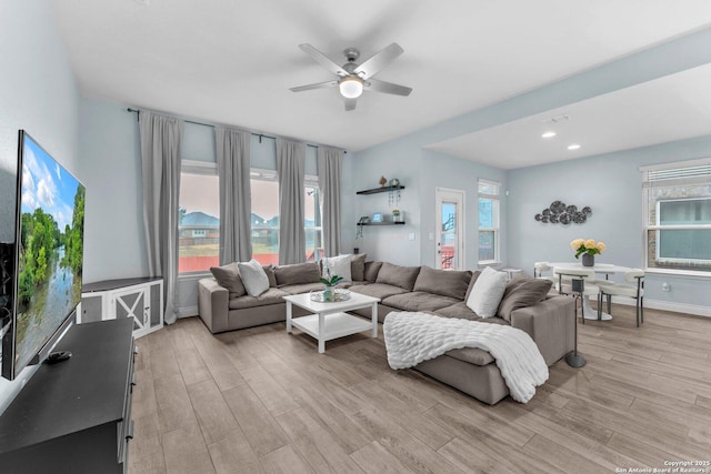 living room with ceiling fan and light wood-type flooring