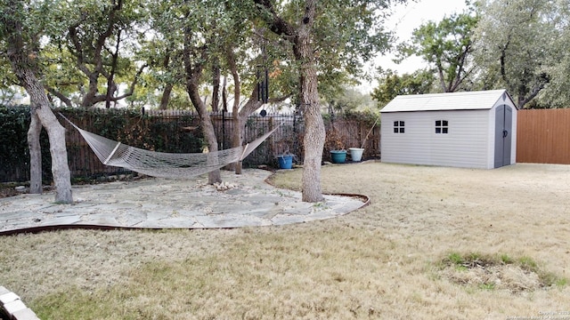 view of yard with a storage shed