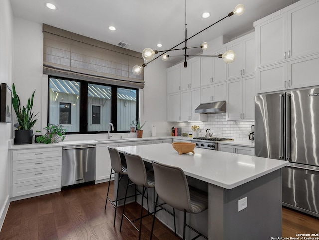 kitchen featuring stainless steel appliances, sink, a kitchen island, and white cabinets