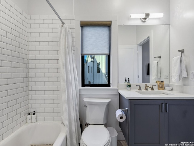 full bathroom with toilet, vanity, and shower / bathtub combination with curtain