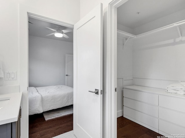 interior space featuring ceiling fan and dark hardwood / wood-style floors