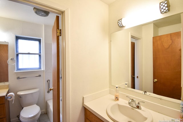 full bathroom featuring vanity, shower / bathtub combination, and toilet