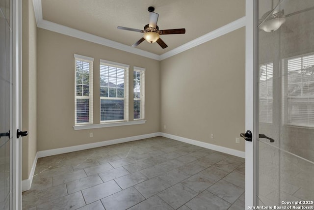 unfurnished room featuring ornamental molding, french doors, and ceiling fan