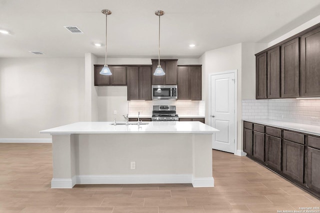 kitchen featuring pendant lighting, sink, dark brown cabinets, stainless steel appliances, and an island with sink