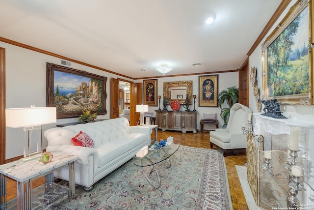 living room featuring parquet floors and crown molding