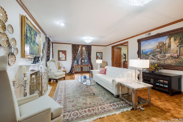 living room with parquet floors and ornamental molding