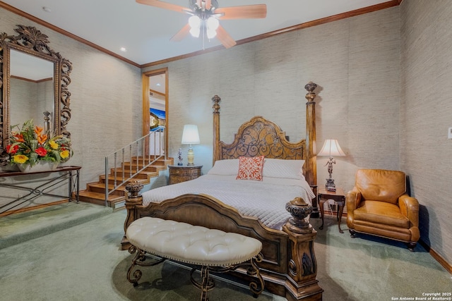 bedroom with ornamental molding, carpet floors, and ceiling fan