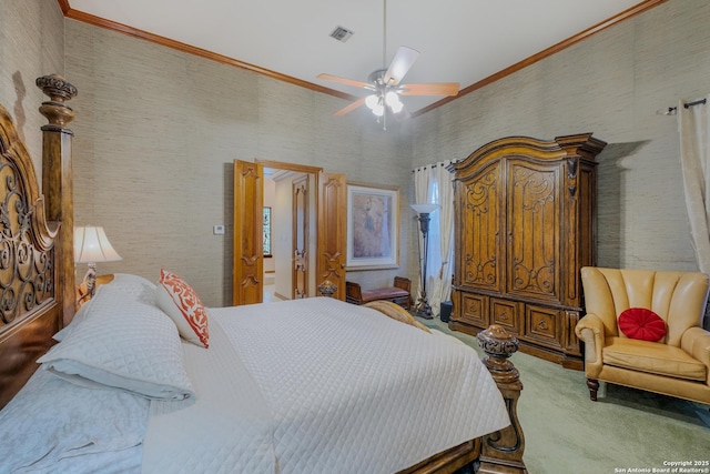 bedroom featuring crown molding, carpet floors, ceiling fan, and a towering ceiling