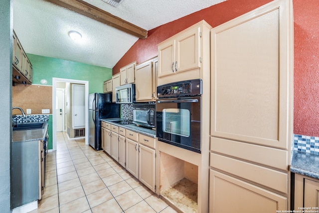 kitchen featuring sink, vaulted ceiling with beams, a textured ceiling, light tile patterned floors, and black appliances