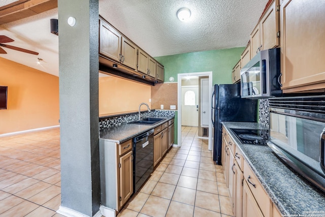 kitchen with sink, light tile patterned floors, ceiling fan, black appliances, and a textured ceiling