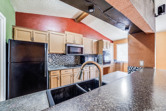 kitchen featuring sink, tasteful backsplash, lofted ceiling with beams, black appliances, and light brown cabinetry