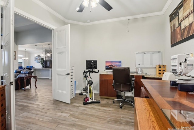 office area with ceiling fan with notable chandelier, ornamental molding, and light hardwood / wood-style floors