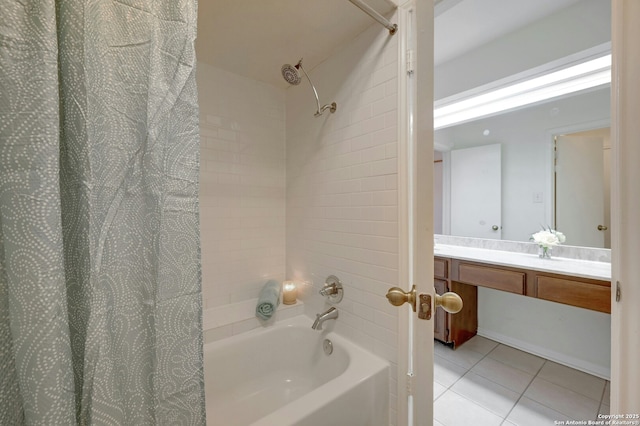 bathroom with vanity, shower / bathtub combination with curtain, and tile patterned floors