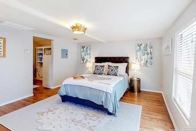 bedroom with wood-type flooring and electric panel