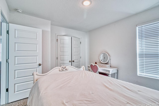 bedroom with multiple windows, a textured ceiling, and a closet