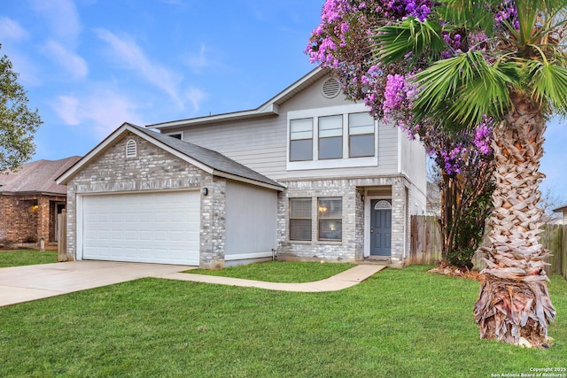 traditional-style home featuring a front lawn, driveway, an attached garage, and fence