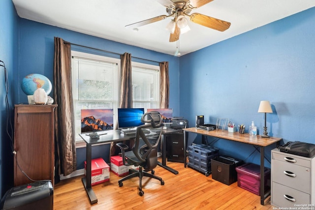 office area featuring ceiling fan and light hardwood / wood-style floors