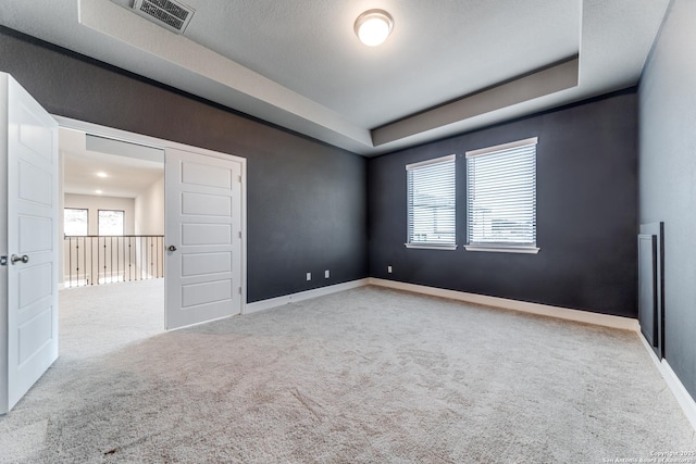 spare room with a raised ceiling, carpet floors, and a wealth of natural light