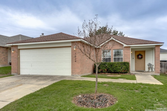 ranch-style house with a garage and a front lawn