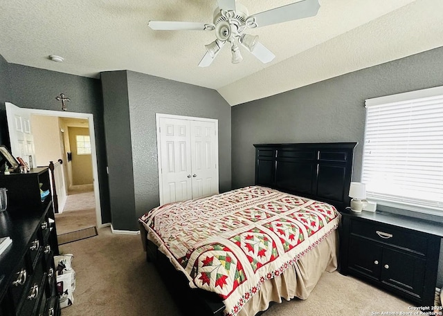 bedroom with multiple windows, lofted ceiling, light colored carpet, and a closet